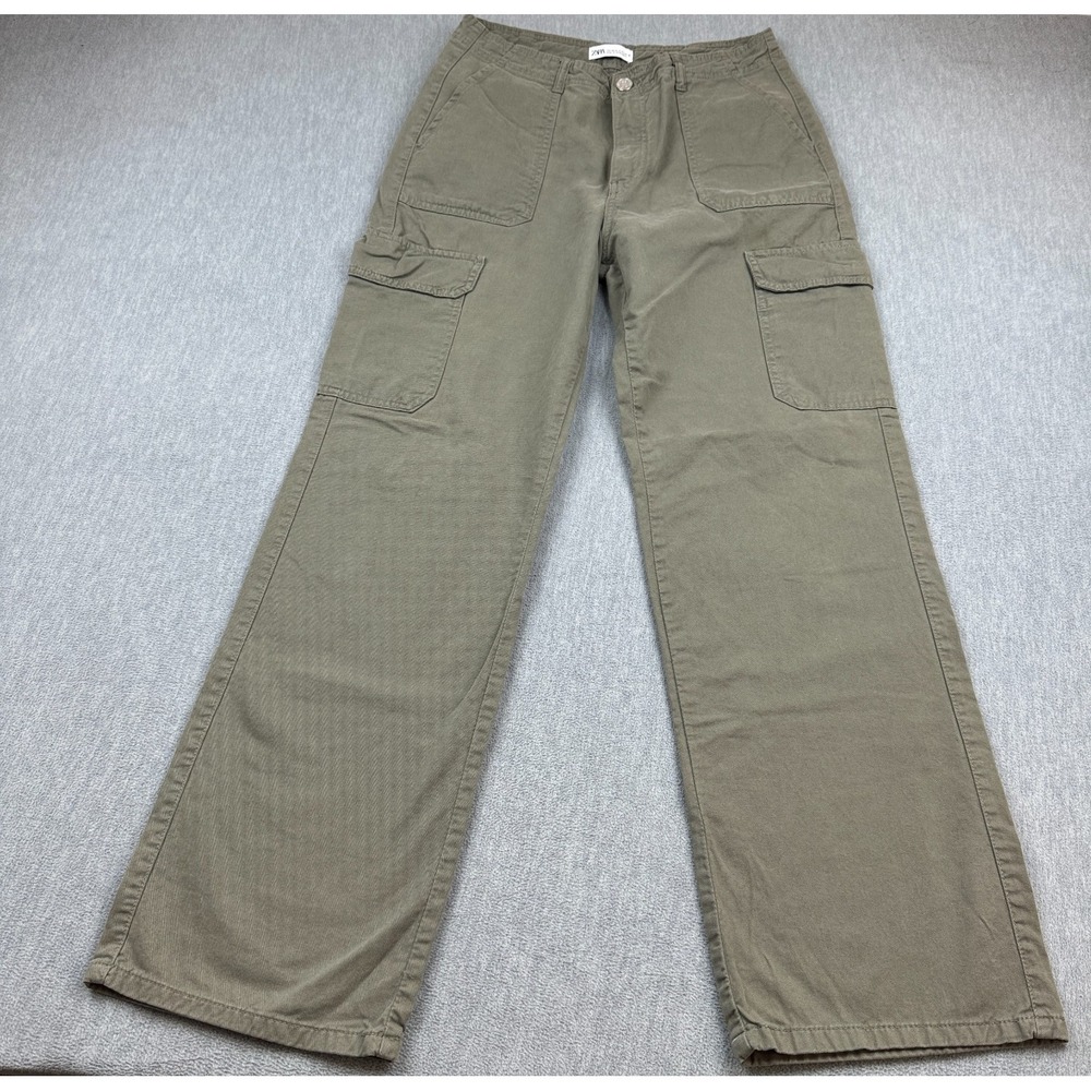 Zara Pants Womens 8 Green Cargo Wide Leg Army Denim Casual Streetwear Pockets